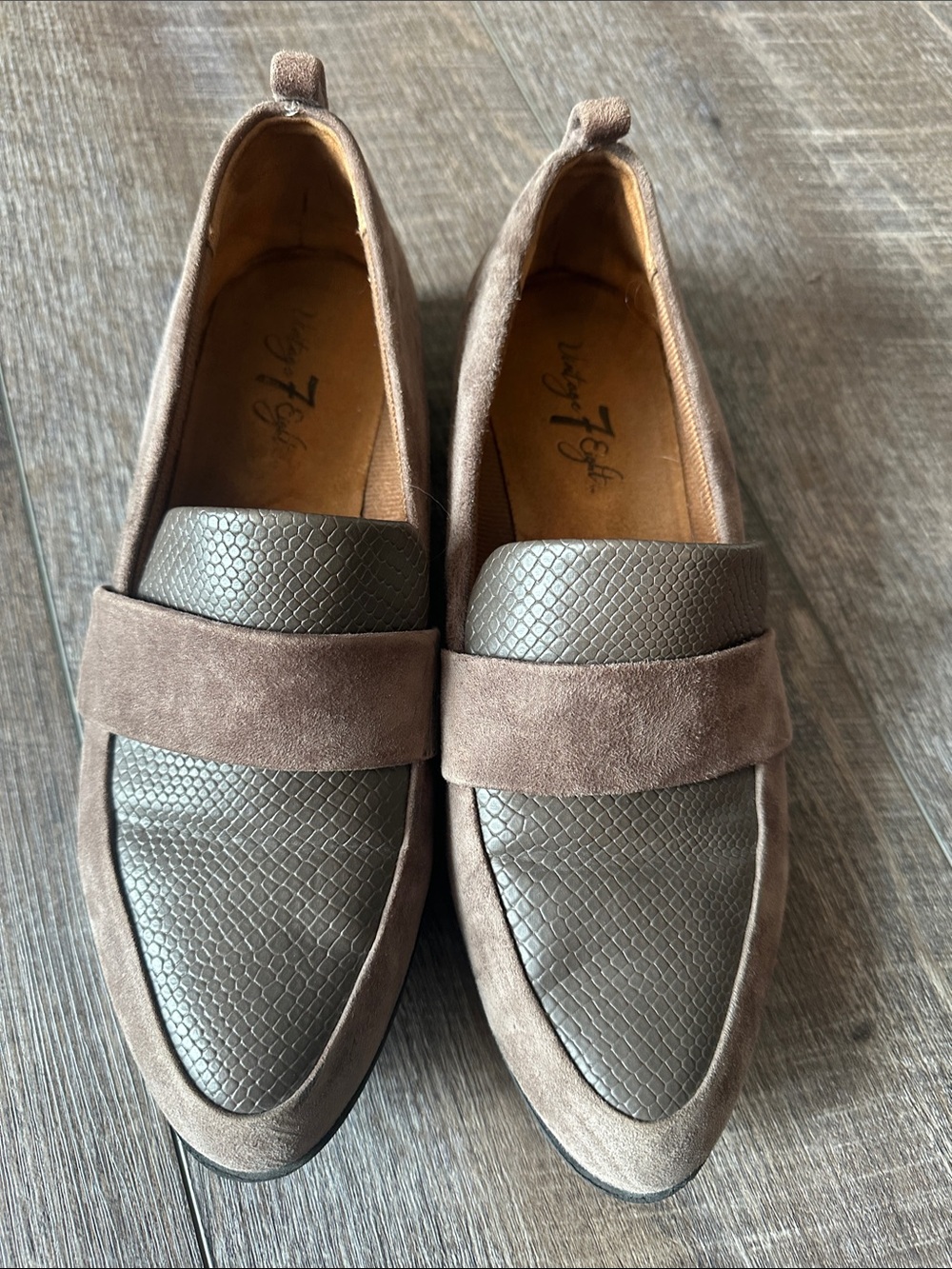 Women's Taupe Suede & Textured Slip-On Loafers from Vintage 7 Eight
